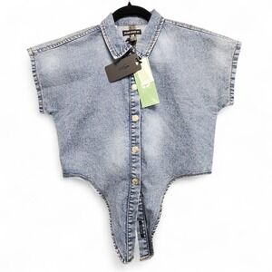 Silver Jeans Cropped Denim‎ Top Womens Large Blue Tie Waist Western Cowgirl NEW